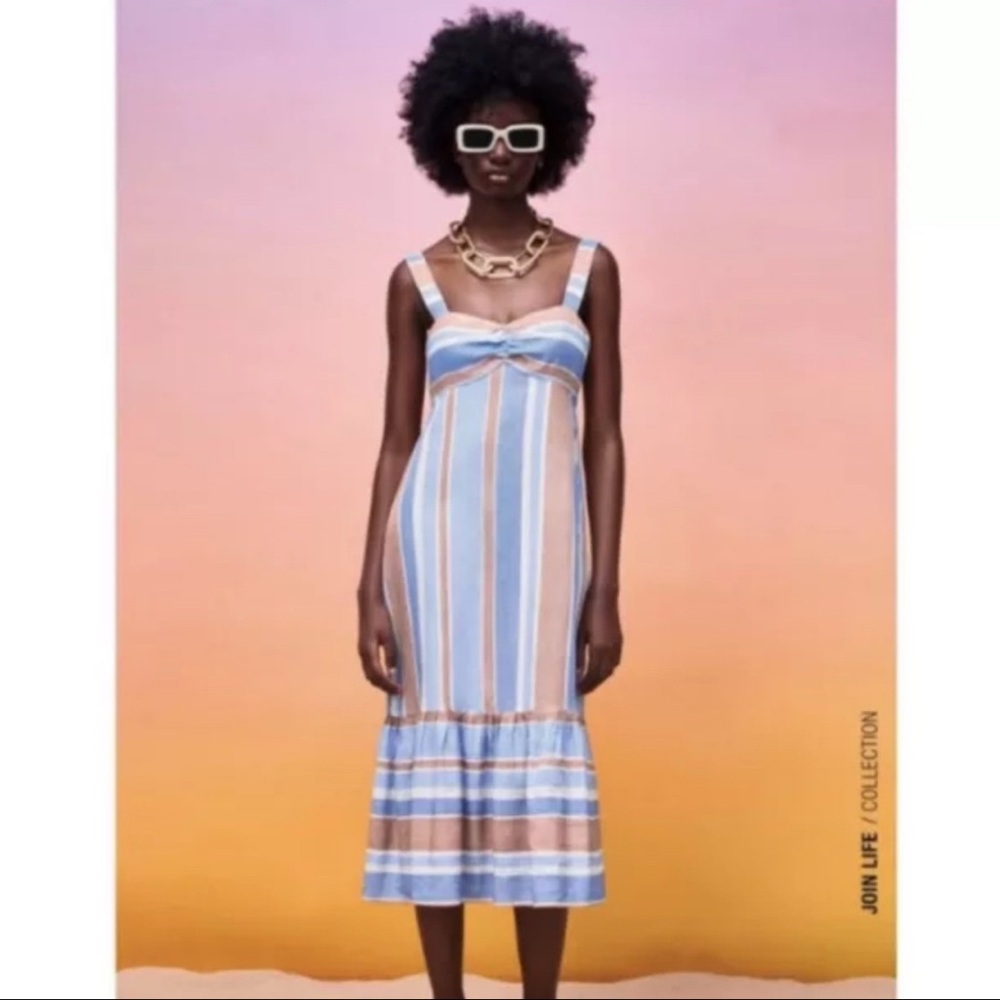 ZARA Blue Brown Striped Sleeveless Ruffle Hem Linen Viscose Summer Midi Dress - Picture 3 of 7